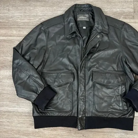 Croft and Barrow Genuine Black Leather Collared Full-Zip Bomber Jacket (Sz L)